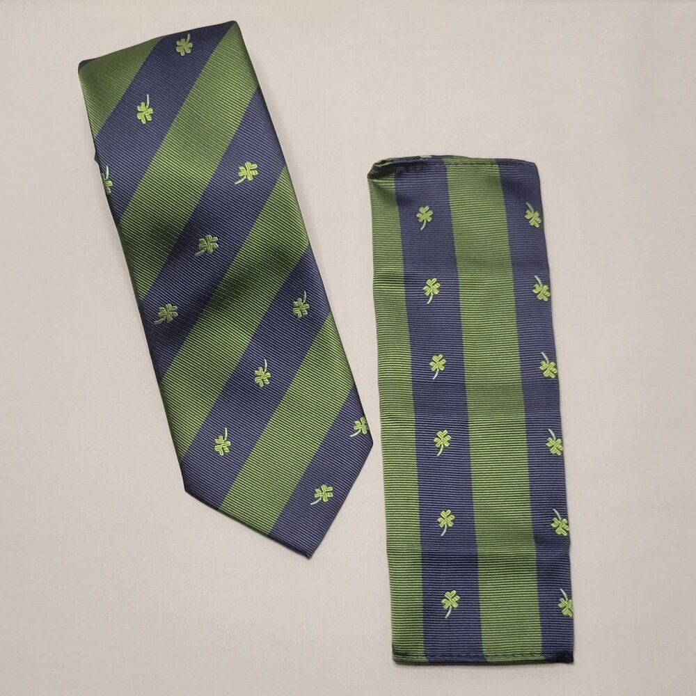 St. Patricks Navy Blue and Green Shamrock Tie Stripped with matching Hanky